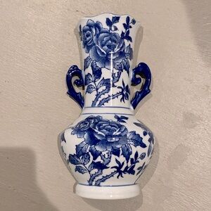 Formalities Baum Bros Porcelain Blue White Floral Vase w/ Handles Wall Pocket